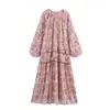 Vestido de Primavera para Mujer Estilo Europeo y Americano Manga Larga Cuello en V Decorativo en Capas Estampado 11472