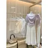 Conjunto de Dos Piezas de Blusa de Encaje Suave Estilo Francés de Verano Oficial + Camisola con Ribete de Encaje 28287