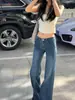 Jeans acampanados vintage de tiro bajo en color azul oscuro para mujer, nuevo estilo americano otoño 2026, no ajustados, pantalones de campana sexys y elásticos