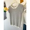 Camiseta de Verano Nuevo Estilo Francés con Espalda Calada para Mujer con Diseño Rayado, Top Dulce y Picante de Punto de Seda Helada de Manga Corta