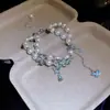Pulseira de Rede Azul Dourada com Flor de Vidro Pérola Zircônia Brilhante Pulseira Elegante de Luxo Leve Joia de Mão Versátil da Moda