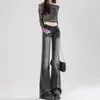 Jeans Lavados de Estilo Americano en Negro y Gris de Cintura Alta para Mujer, Nuevo Modelo Invierno 2025, Corte Delgado, Favorecedores, Pantalones Acampanados Elásticos