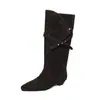 Botas de montar de cuero para mujer, botas altas de tubo largo, botas de tacón medio, nuevas botas de otoño e invierno de punta cuadrada, slip-on, color liso, hasta la rodilla