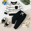Conjunto de Dos Piezas para Bebé y Niño Pequeño de Primavera y Otoño con Bloques de Color, Rayas, Sudadera con Capucha y Bolsillo, Pantalones Deportivos, Conjunto Deportivo, Venta Directa de Fábrica