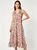 Moda Transfronteriza Europea y Americana Vestido Floral de Cuello en V Estilo Francés, Vestido de Playa Adelgazante que Ceñe la Cintura, Vestido de Hada para Vacaciones