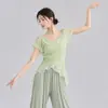 Conjunto de Práctica de Movimiento Corporal para Danza Clásica para Mujeres, Nuevo Estilo de Verano, Top Fluido Transparente con Cuello en V y Volantes, Traje de Danza China