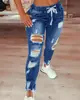Jeans Elásticos de Cintura Alta para Mujer 2023 Amazon Aliexpress Transfronterizos Europeos y Americanos Pantalones de Pierna Estrecha con Cordones Rotos