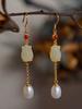 Pendientes de estilo antiguo chino, pendientes de jade hetiano natural, pendientes largos de perla estilo chino retro, joyería Hanfu, joyería de plata