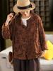 Jaqueta de Linho-Algodão Estampada Estilo Vintage para Mulheres, Cardigan Outerwear Artístico de Botão Único com Gola Redonda e Manga Longa
