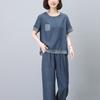Traje de mezclilla de moda para mujer Verano 2024 Nuevo Madre de mediana edad Casual Delgado Pantalones anchos de ocho puntos Conjunto de dos piezas