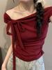 Camisa de Manga Corta para Mujer con Tira de Lazo y Camisa de Manga Corta para Verano Estilo Francés Dulce Chica Spice Chic Diseño Plisado Top Corto