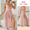 Feiyun Renda Multicor Sexy Camisola Decote V Tiras Cruzadas Barra Irregular Vestido Longo Roupa de Dormir Feminina para Casa 683