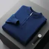Suéter Casual de Negocios 100% Lana Pura Suéter para Hombre Cuello Medio Alto Medio Cremallera Color Sólido Tejido Cálido Base Suéter de Lana
