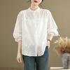 Primavera 26 Novo Modelo Foto Real Bordado Floral 3D Camisa Branca de Algodão para Mulheres, Blusa Solta Doce Versátil Gola Redonda Manga Longa