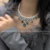 Colar de pérolas com gota d'água de zircônia azul, design de nicho, colar de alto sentido, todos os brincos de corrente de clavícula para namorada