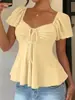 2026 Verano Nuevo Amazon Tume Estilo Europeo y Americano Cuello en V Cordón Sexy Manga Corta Color Sólido Camiseta para Mujer