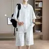 Conjunto de shorts curtos rasgados extra grande para homens de 150kg, conjunto de duas peças de camiseta esportiva solta, fresca e moderna para o verão