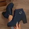 Botas curtas de salto grosso para comércio exterior transfronteiriço, botins de tornozelo com cadarço e bico redondo, coturnos Martin de salto alto com zíper lateral, botas femininas de cano curto com fivela de cinto
