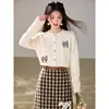 Cardigan de Tricô Bordado Estilo Coreano Desenho Animado Figura de Palito Outono Inverno Novo Solto Suéter com Toque Artístico