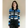 Cardigan de Tricô Gola Polo Listrado Color Block Estilo Coreano Feminino Outono Novo Retrô Emagrecedor Suéter Versátil Top A14546