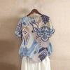 2026 Amazon Wish Aliexpress Camiseta Retro de Manga Corta con Cuello Redondo Estampado Fénix Azul Algodón y Lino Talla Grande Camisa para Mujer