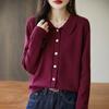 Nuevo Cardigan de Punto para Otoño e Invierno 2025, Algodón Puro, Cuello Polo, Manga Larga, Color Sólido, Holgado, Versátil, Top Chaqueta para Mujer