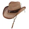 Sombrero vaquero de paja tejida con diseño calado estilo retro americano para hombre y mujer, sombrero vaquero versátil para protección solar de verano
