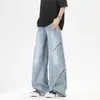 Jeans anchos de retazos de moda para hombre, lavado degradado estilo americano, pierna recta, hasta el suelo, silueta deconstruida, corte holgado