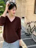 26 Nuevo Top Casual de Otoño para Mujer Mohair Estilo Coreano Cuello en V Color Sólido Holgado Versátil Suéter de Punto para Trabajar para Mujer