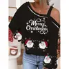 Amazon European and American Papai Noel estampado top 2023 comércio exterior feminino outono e inverno oblíquo ombro manga comprida sling camiseta