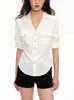 Camisa Blanca de Lino Tencel con Cuello en V y Mangas Tres Cuartos para Mujer, Estilo Old Money, Camisa Holgada Casual con Cintura Ajustable