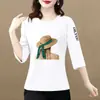 E-commerce Transfronteiriço Moda Gestante Camiseta de Sete Mangas para Mulheres de Meia-Idade Blusa Solta Emagrecedora com Gola Redonda Camiseta Casual Feminina