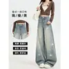 Jeans wide leg estampado retro americano para mulheres, cintura alta, novo estilo primavera e outono, corte solto, modelador, design único, calças de perna reta