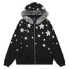 Cárdigan azul marino con estampado de estrellas, cuello y capucha de pelo, chaqueta unisex retro dulce y genial con cremallera holgada para pareja