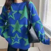 Suéter de Terciopelo con Estrella de Cinco Puntas Retro Japonés para Mujer Otoño e Invierno 2026 Top de Punto Holgado con Bloques de Color y Cuello Redondo de Moda
