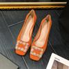 Zapatos de Piel Genuina y Gamuza Estilo Nuevo 2026 para Mujer, Tacón Grueso, Punta Cuadrada, Boca Baja, Hebilla de Perla Francesa, Zapatos Rojos de Boda, Zapatos para Ir al Trabajo