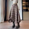 Falda de cuadros irregular para mujer, versión coreana de otoño, estilo old money, falda larga tipo paraguas retro dulce y fresca, línea A adelgazante