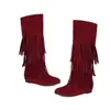 Botas femininas versáteis de cano alto para outono e inverno com solas de borracha, antiderrapantes, botas de comércio exterior, botas slip-on de salto baixo com franjas, cor sólida, botas plus size para exportação