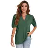 Novedad de verano 2022 en Amazon, tops cruzados europeos y americanos para mujer, camiseta casual de color liso con cuello en V y manga abullonada, holgada para mujer
