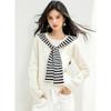 2025 Nuevo Otoño e Invierno Estilo Coreano Vacaciones Casual Falso Dos Piezas Empalmado Chal Cardigan en Capas Cuello Redondo Top de Punto para Mujer