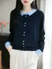 Cardigan Tricotado Gola Polo de Lã Fina Novo para Primavera e Outono 2026 Manga Longa Feminino Blusa Jaqueta Blocos de Cor Botão Quadrado Pequeno