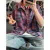 Camisa Masculina de Verão Xadrez Fino Amarelo Manga Curta Estilo Americano Marca de Moda Estilo Preguiçoso Retrô Camisa Tamanho Grande Top Solto