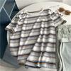Playera de Manga Corta a Rayas de Color Contrastante con Bajo Alto para Mujer, Hombro Derecho, Casual de Verano, Aspecto Adelgazante, Versátil Elegante, Reductora de Edad y Versátil para Fondo
