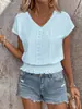 Primavera e Verão 2025 temu Transfronteiriço Novo Europeu e Americano Decote V Jacquard Vazado Manga Curta Camiseta Moda Casual Top para Mulheres