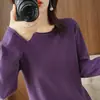 Suéter de punto cruzado de hilo de algodón para mujer, ancho 2025 cuello redondo, capa base talla grande, dobladillo enrollado para mujer, top suéter suelto de otoño
