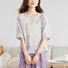 Camisa de Algodón tipo Capullo con Bordado Pesado de Ramio para Mujer Verano 2026 Nueva Elegante Estilo Chino Delgada de Manga de Cinco Cuartos