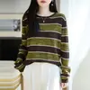 Nueva Colección Otoño/Invierno 2026: Top de Punto para Mujer de Manga Larga en Lana Fina, Cuello Redondo, Rayas Color Block, Diseño Hueco, Corte Holgado, Capa Base