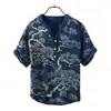Camisa Polo de Hombre con Cuello en V Estampado Digital 3D, Lino de Bambú, 3 Materiales, Botones, Estilo Ukiyo-e Japonés, Transpirable y que Absorbe la Humedad