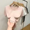 Nova camiseta de verão feminina estilo europeu e americano, justa, fina, canelada, de manga curta, top casual solto versátil