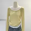 Blusa Feminina Manga Longa Color-Blocking Falsa de Duas Peças para a Primavera de 2026, Blusa Base Acinturada com Franzidos, Blusa Camiseta Estilo Pura Desejo